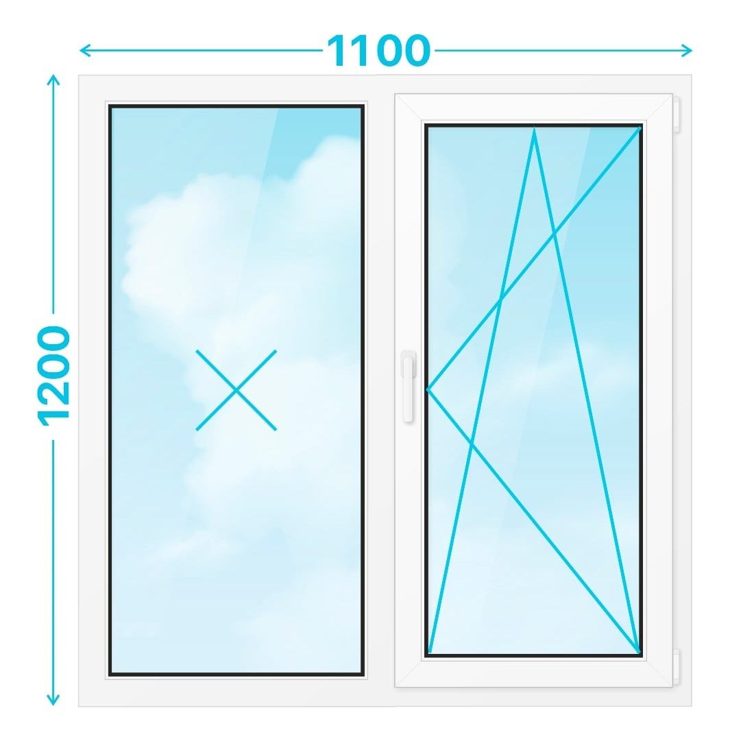 Окно ПВХ 1200х1100 двухстворчатое поворотно-откидное правое Ст-т 24 мм профиль Novoline 58 мм