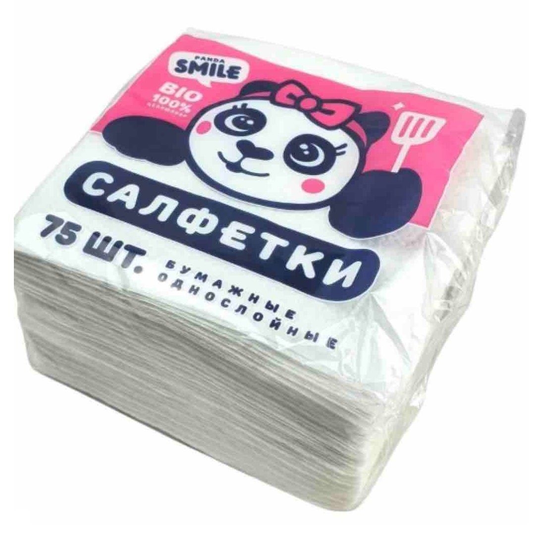 Салфетки бумажные Panda Smile 24х24 см 1 слойные 75 шт белые