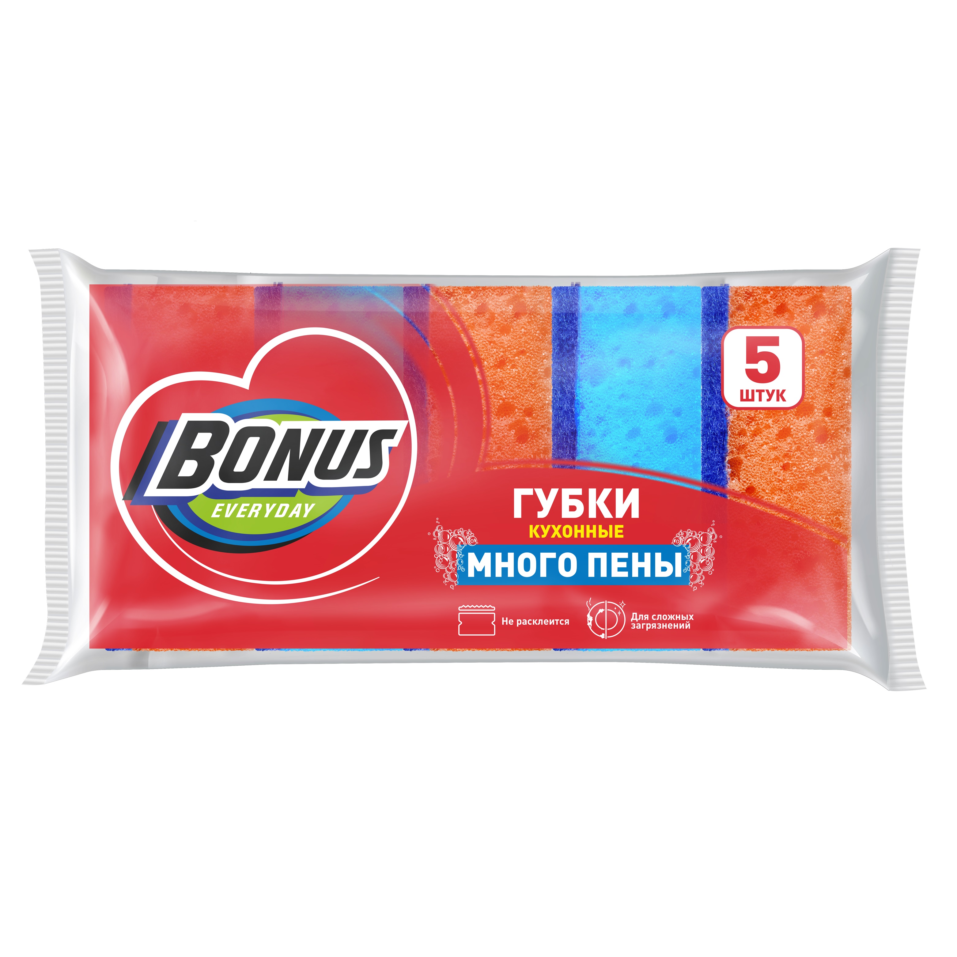 Губки для посуды крупнопористые Bonus Много пены 9,4х6,2х3 см 5 шт