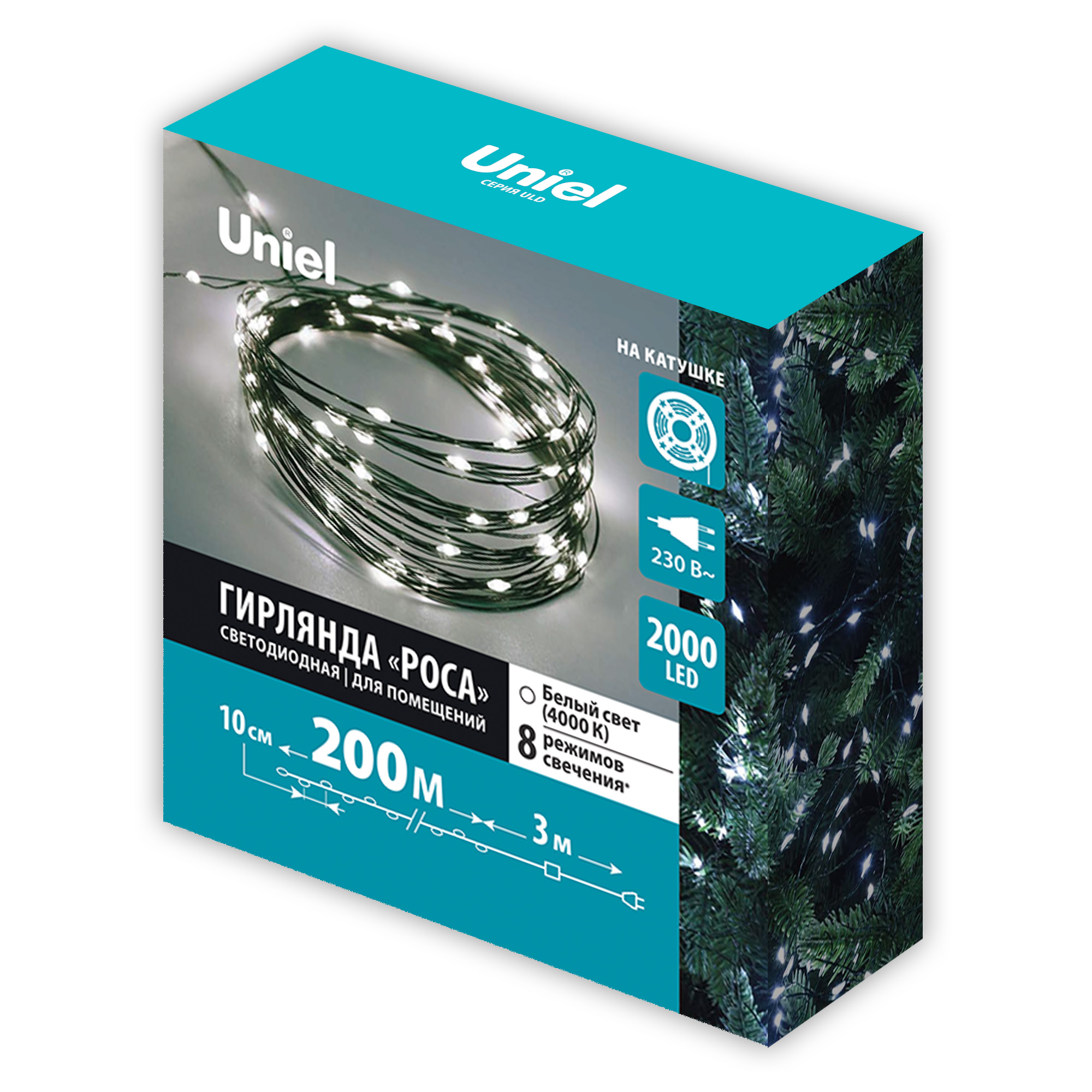 Гирлянда для дома Uniel Роса 200 м 2000 ламп LED зеленый пров, белый ULD-S20000-2000/DGA