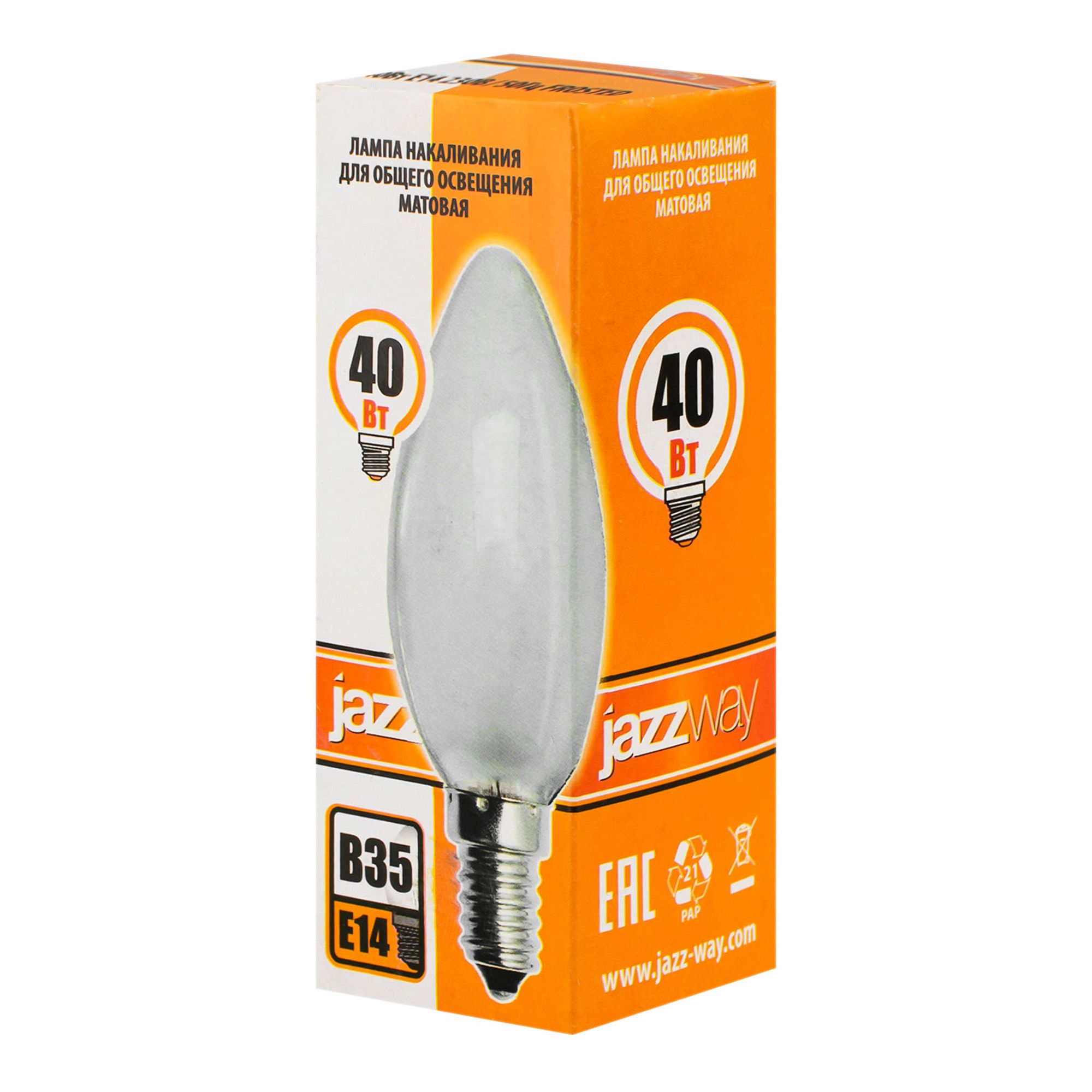 Лампа накаливания свеча мат. Е14 240V 40 Вт 350Лм Jazzway