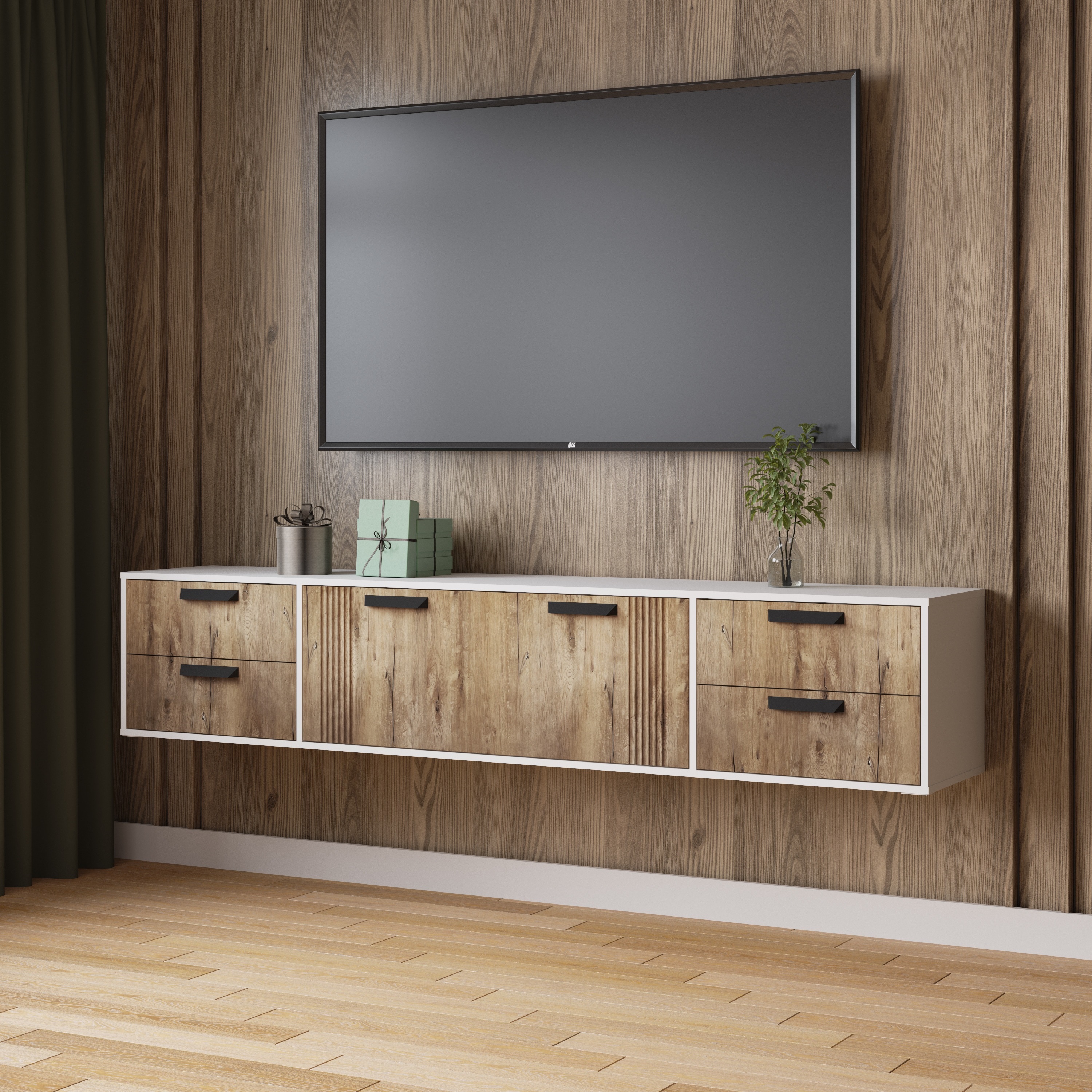 Тумба для телевидеоаппаратуры Парус-12 2202х425х400 мм Белый/Дуб Канадский