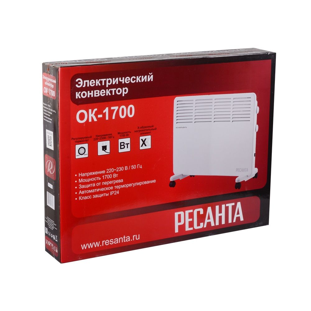 Конвектор 1,7кВт, 2 режима IPX4, мех.термостат  напол./настен Ресанта ОК-1700