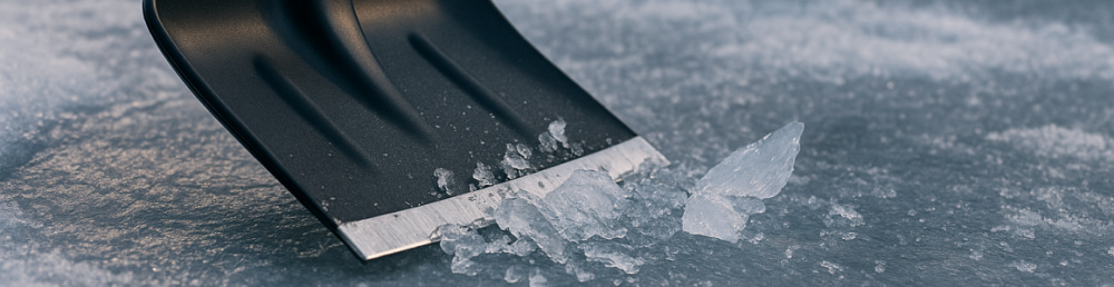 скребок для льда разбивает наст и корку рядом с лопатой для мокрого снега