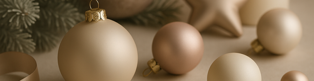 Стильная новогодняя композиция с матовыми шарами и мягким светом в спокойной гамме для оформления ели.