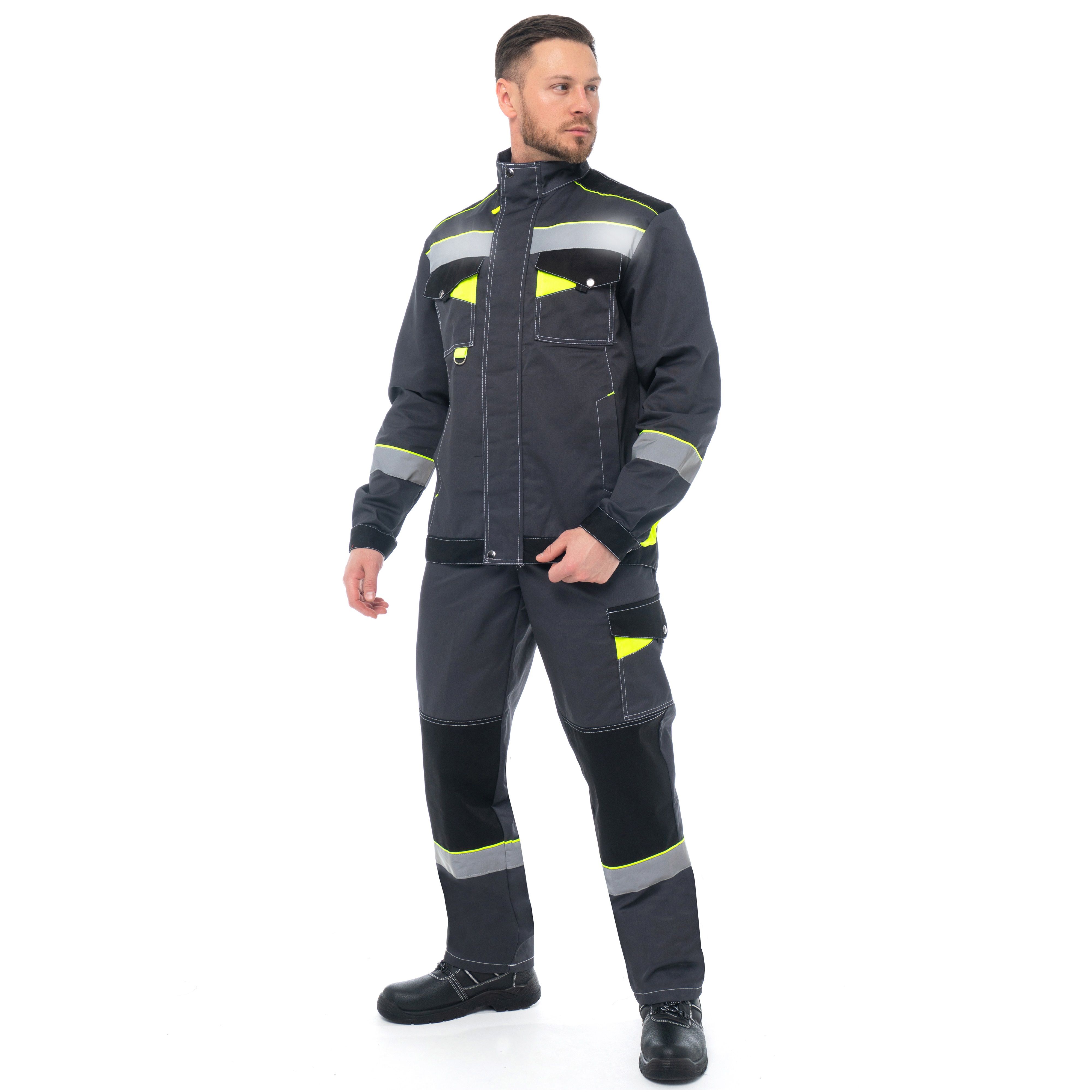 Костюм Корвет куртка, п/комб темно-серый с черным и лимонным СОП р.120-124/182-188