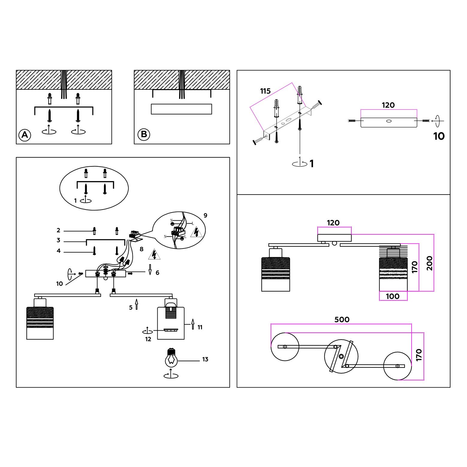 Люстра потолочная TR303211/2 BK/CH/SM/FR 2х60Вт Е27 50х17х20 см черный/хром/дымчатый/белый матовый