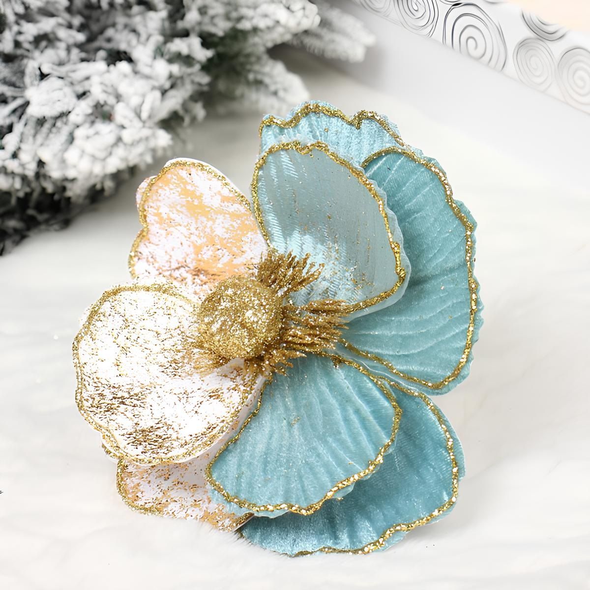 Украшение новогоднее Пуансеттия-Нежность 15 см голубой/золото 196-0903