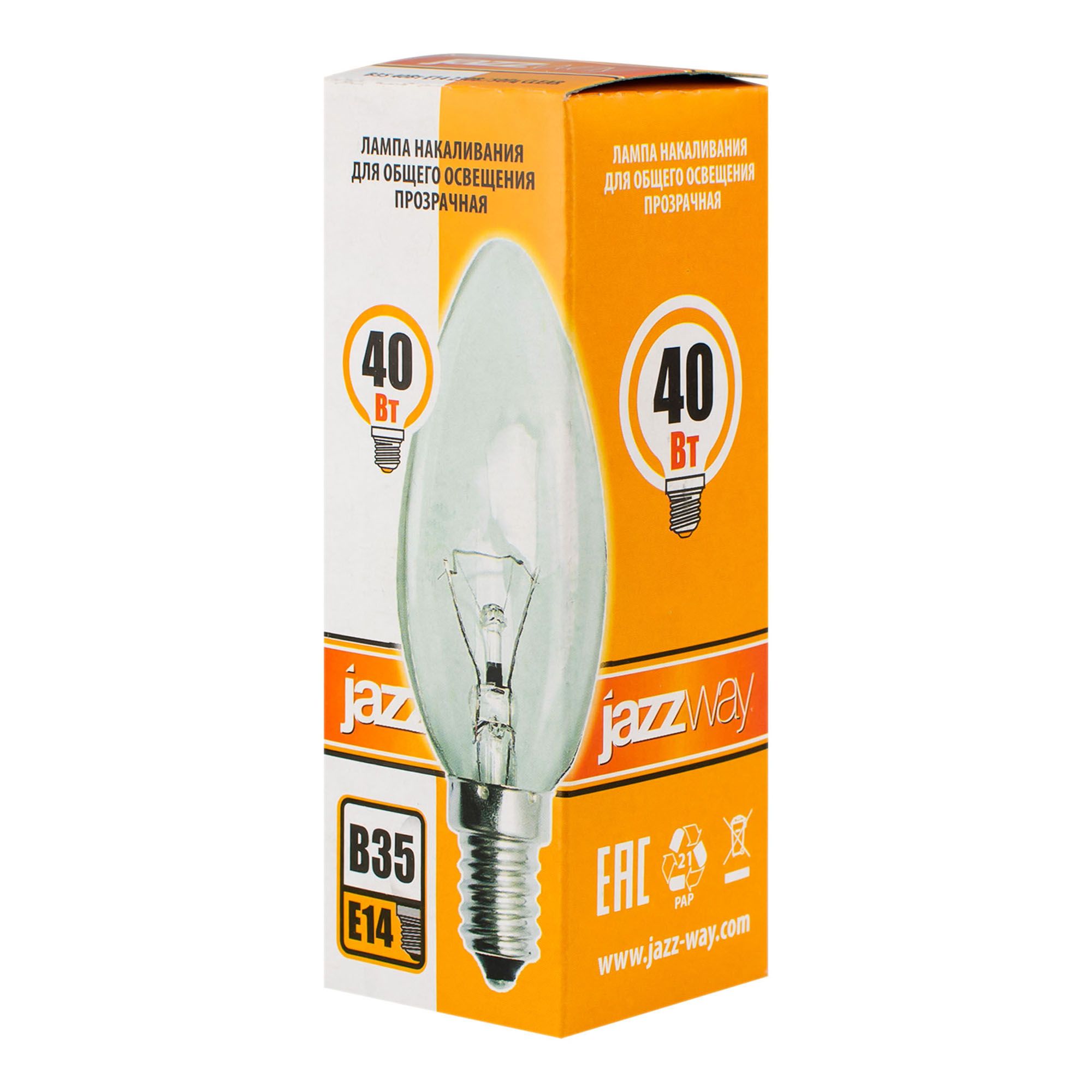 ЛАМПА накаливания свеча прозр E14 240V 40 Вт 380Лм  Jazzway