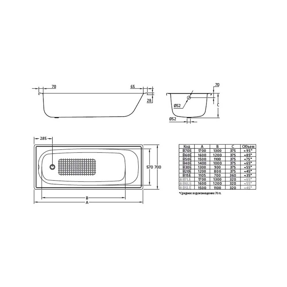 Ванна стальная EUROPA 1200х700 мм BLB без ножек New