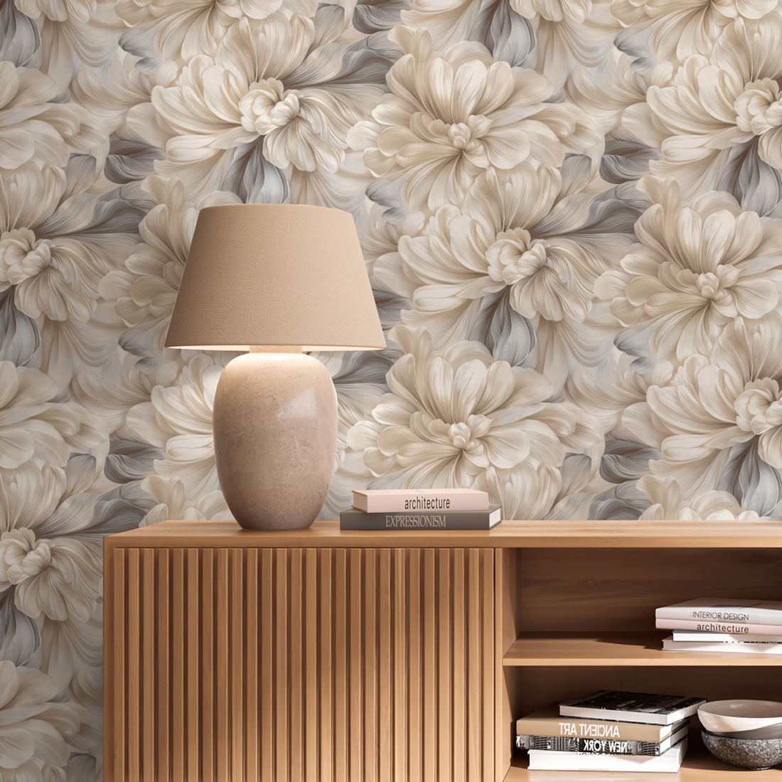 Обои AnturAGe Aurora AN9145-25 бежевые цветы крупные 1,06х10,05 м