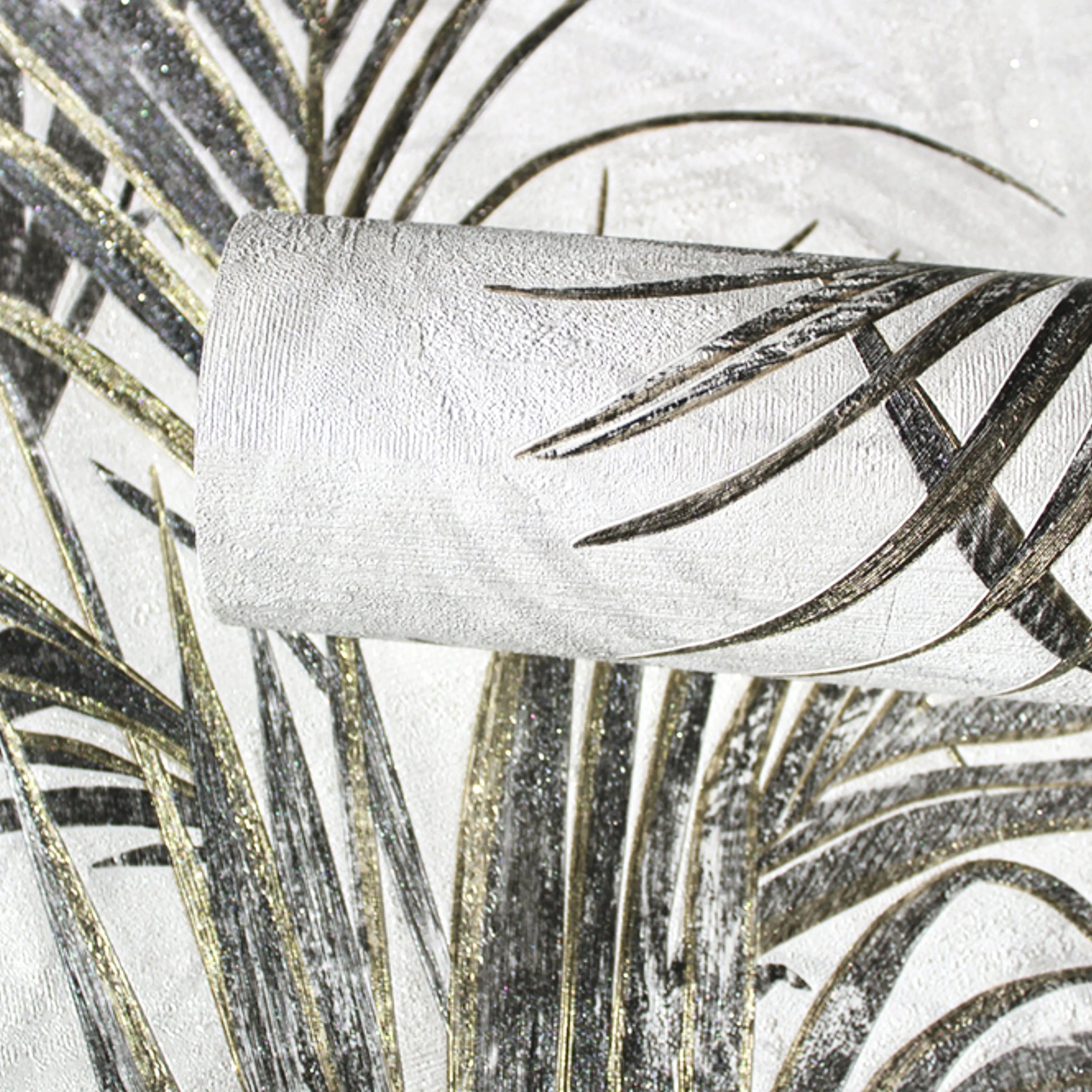 Обои Erismann Tanzania 60491-05 белые, серые с золотом листья пальмы 1,06х10,05 м