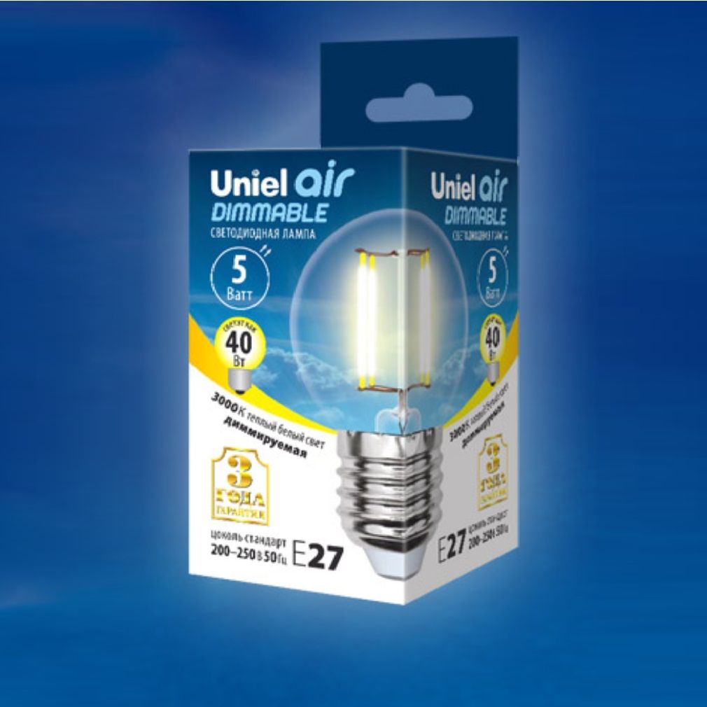 Лампа светодиодная диммируемая LED-P45-5W/WW/E27/CL/DIM GLA01TR. Форма "шар", прозр.Серия Ai 3000К