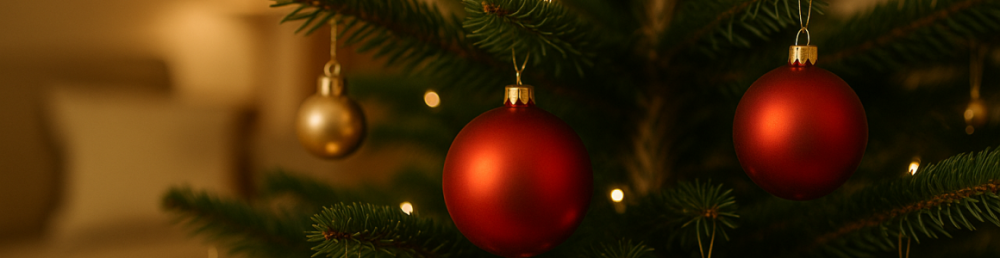 Ёлка с равномерно закреплёнными игрушками, разные крепления, спокойный праздничный интерьер