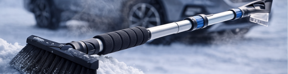 Телескопическая щётка-скребок с прочной фиксацией и утеплённой рукояткой для очистки высокого авто