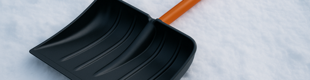 Лёгкая снеговая лопата с эргономичной рукояткой на рыхлом снегу, детальный вид ковша для удобной уборки.