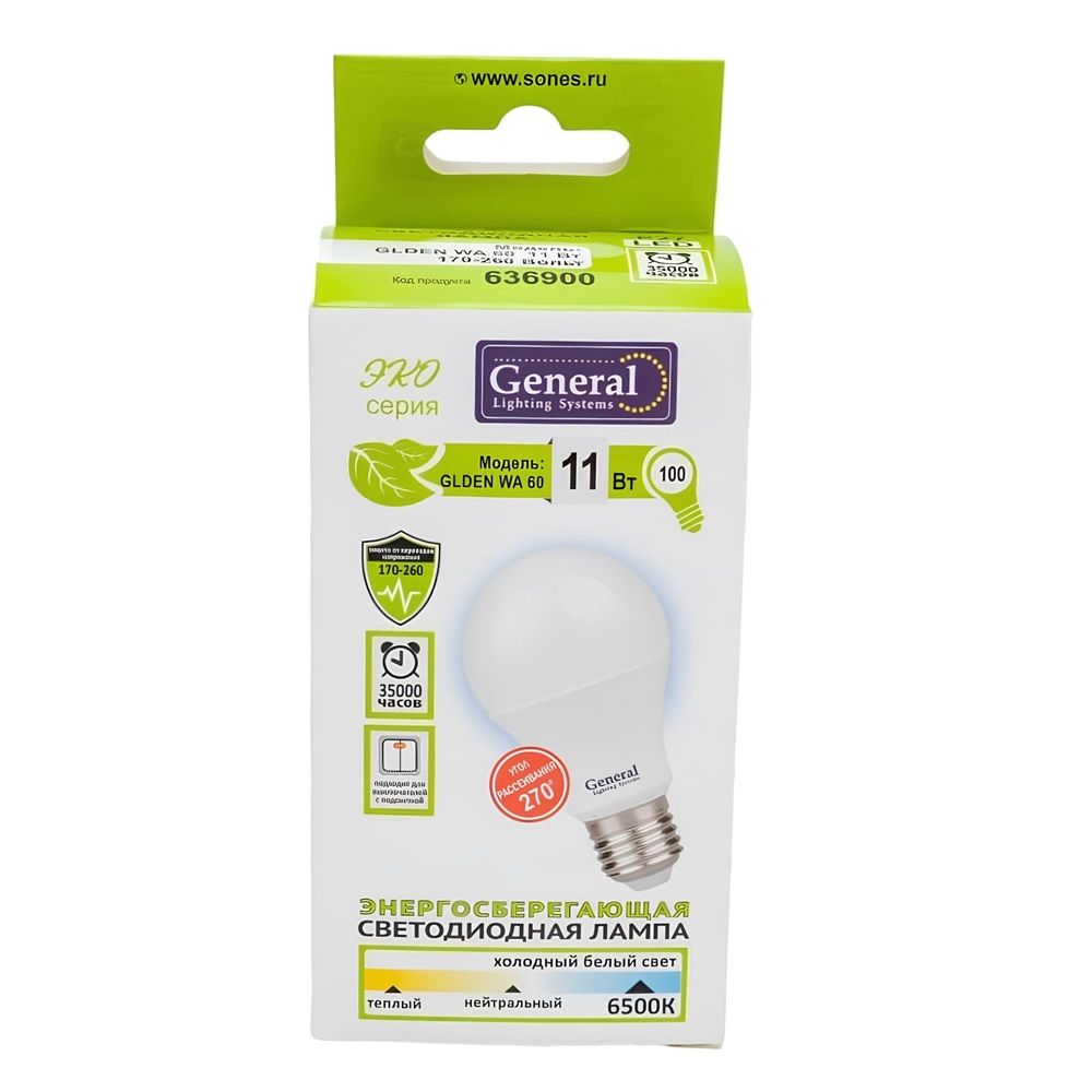 Лампа светодиодная LED General А60 11Вт 6500K E27 белая