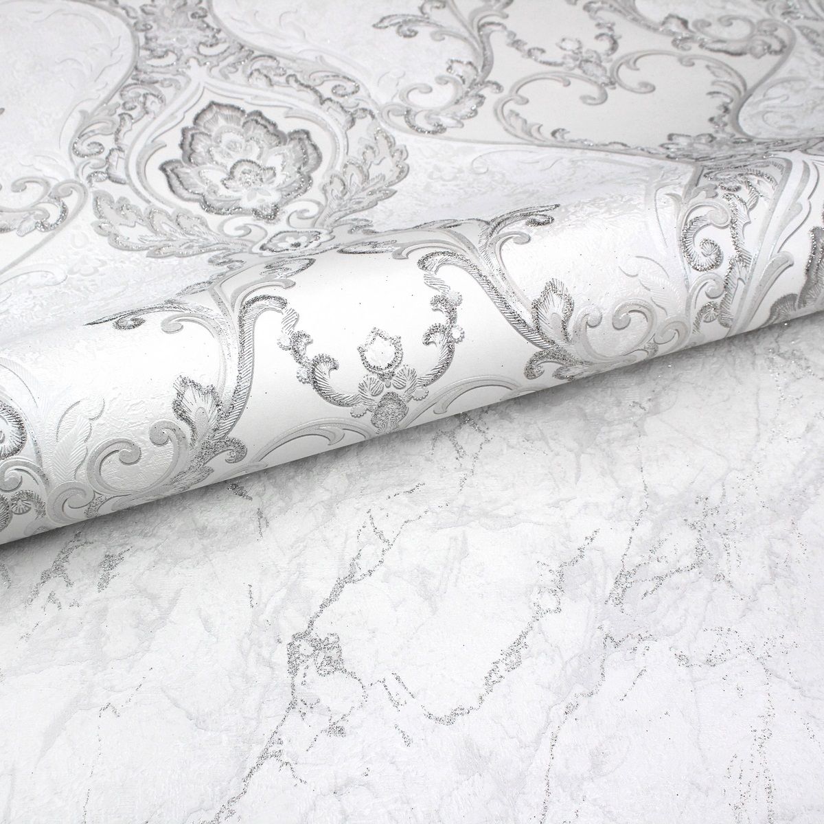 Обои Erismann Elegant 60696-01 белые с серебром мрамор 1,06х10,05 м