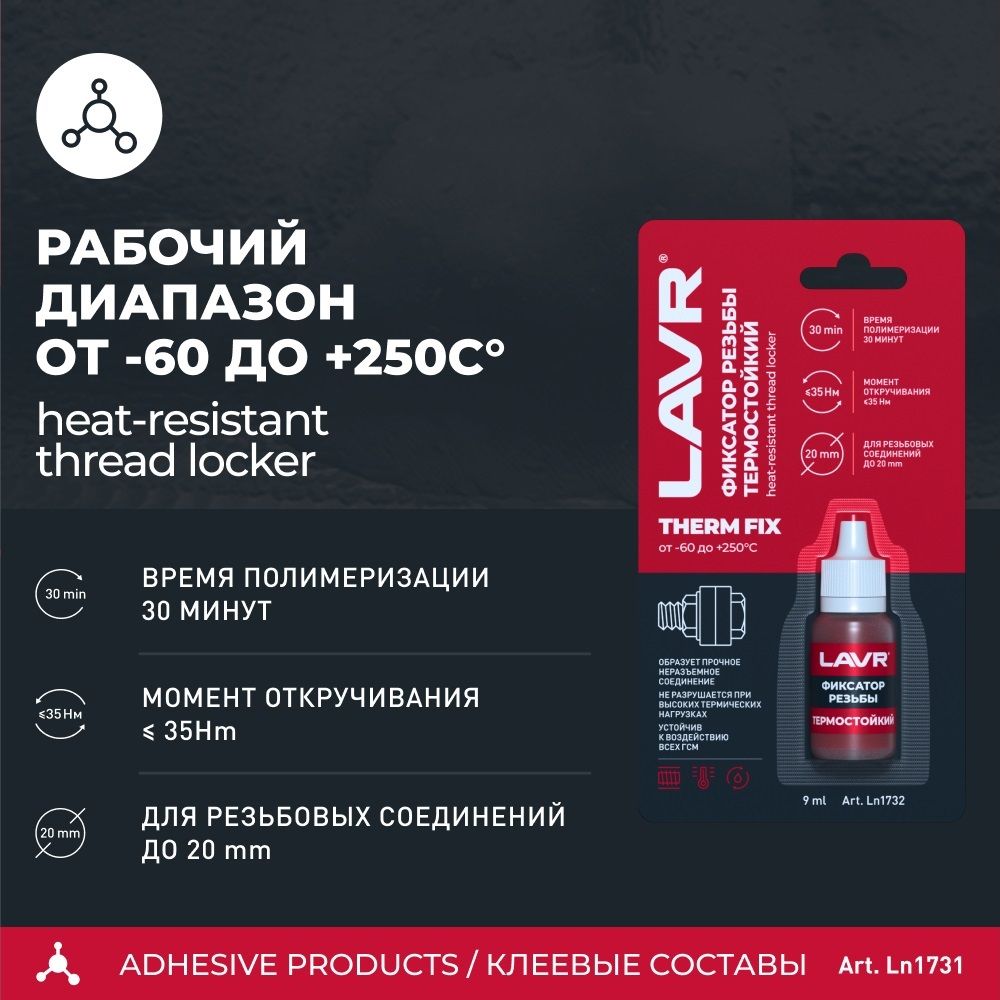 Фиксатор резьбы неразъемный термостойкий Lavr 9 мл