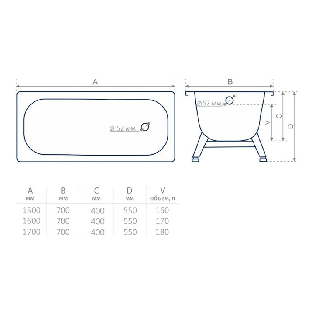 Ванна стальная Tevro 160х70 см белый лотос с ножками