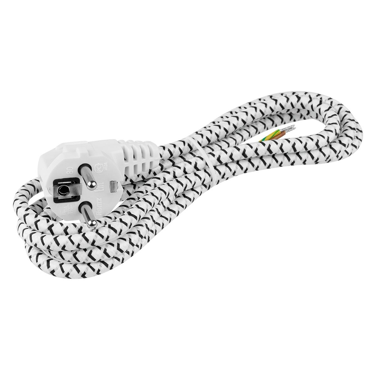 Шнур сетевой для утюга с вилкой в тканевой оплетке TDM Пвс 3x0,75 1,8 м 2400Вт с/з белый