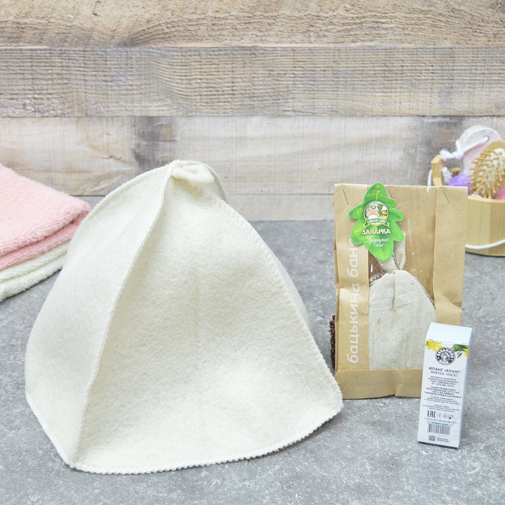 Набор для бани 4 предмета Свежий Бацькина баня (шапка, запарка, эфирное масло)