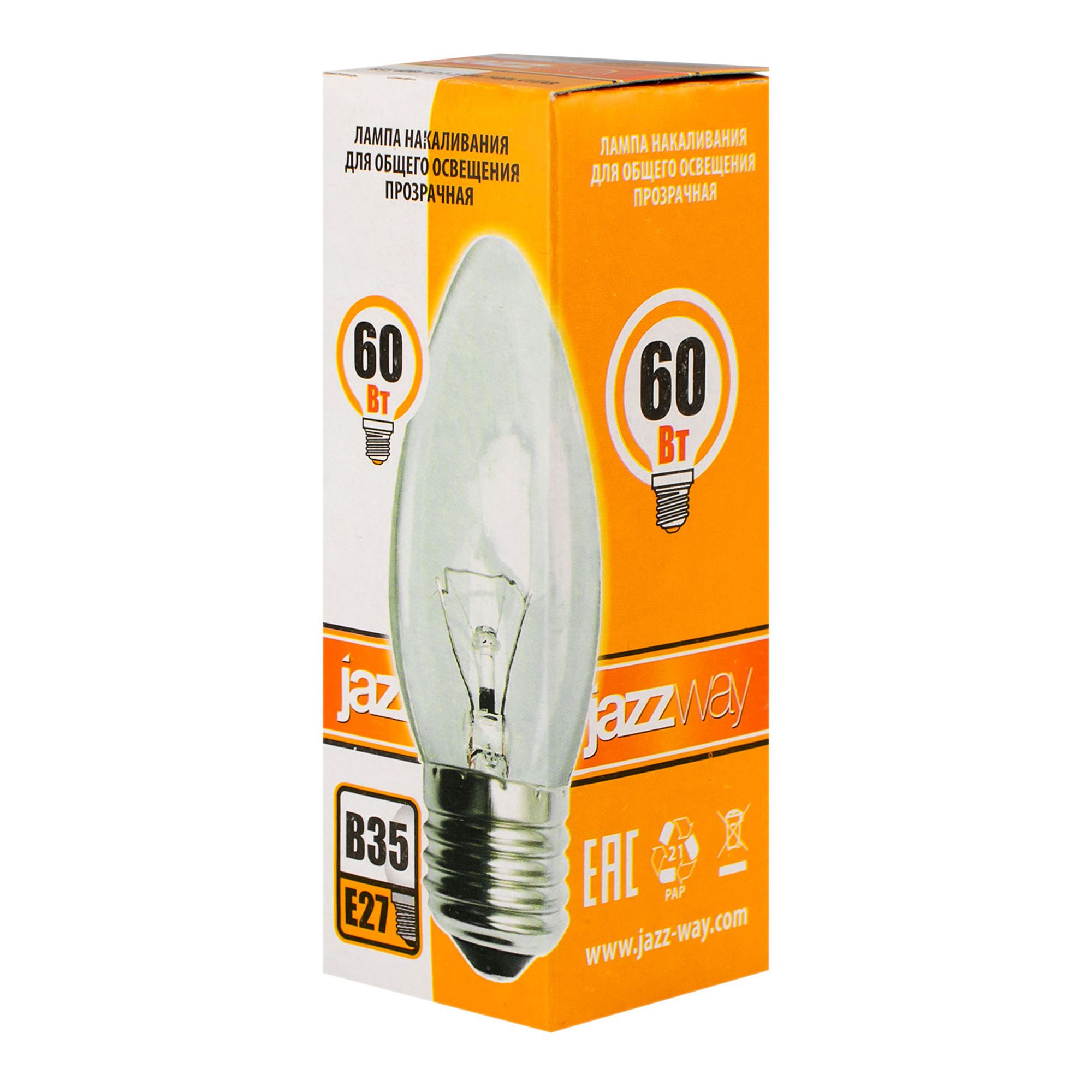 ЛАМПА накаливания свеча прозр.E27 240V60 Вт 580Лм  Jazzway