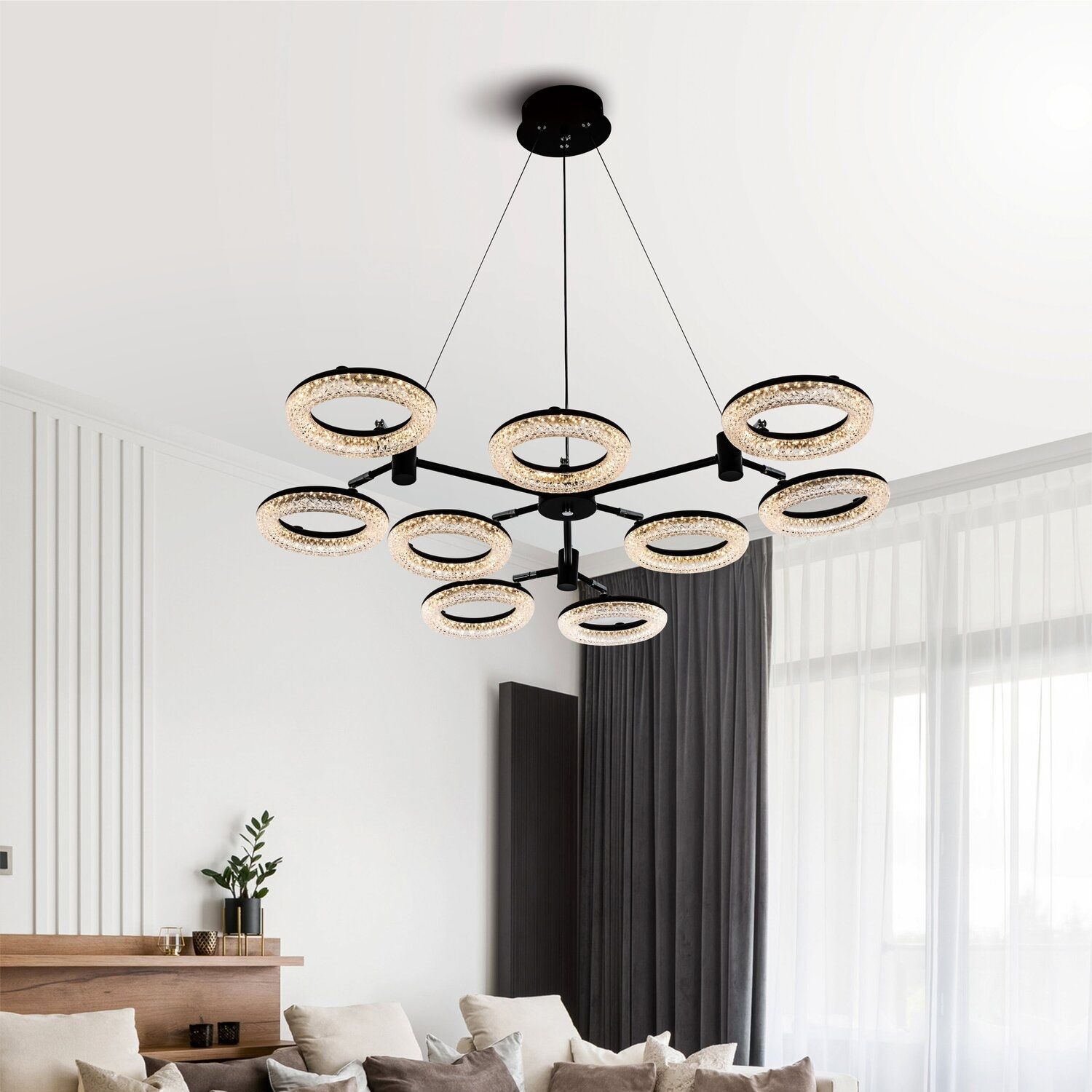 Люстра потолочная LED L6626-9 86Вт 3000K-6000K d86 см h25-100 см черный