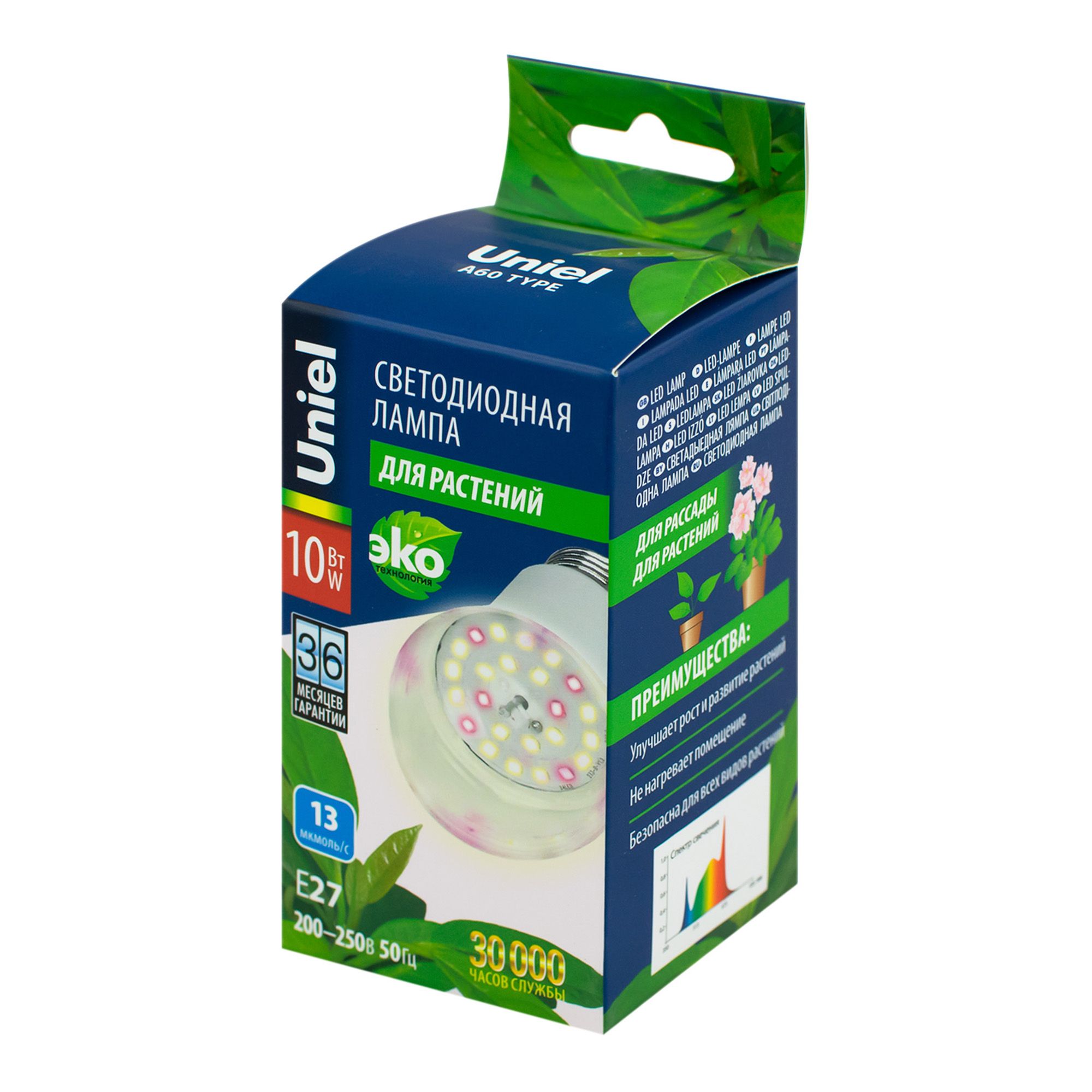 Лампа светодиодная для растений Форма A прозрачная Спектр для фотосинтеза Картон LED-A60-10W/SPFB/E27/CL PLP30WH