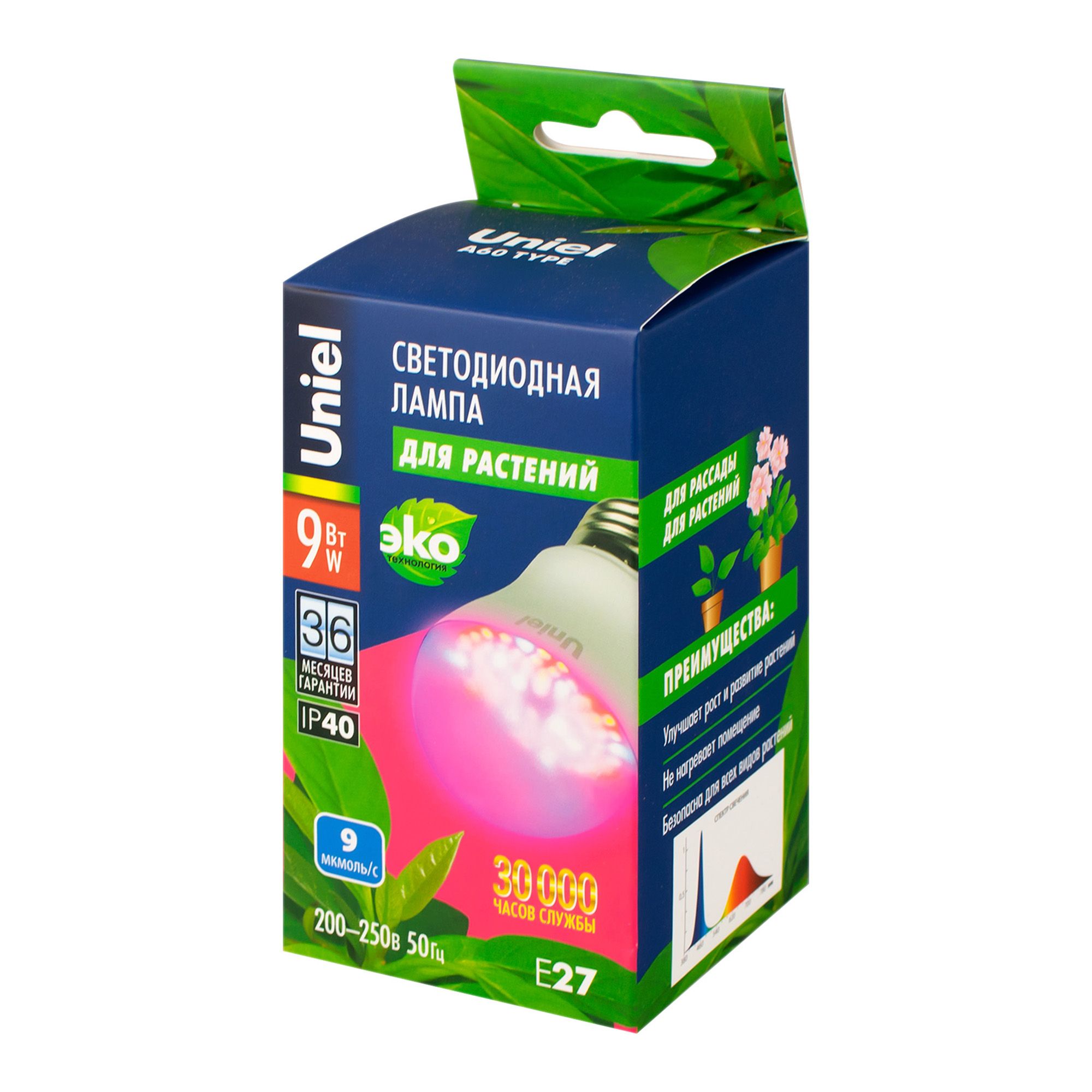 ЛАМПА светодиодная  для растений LED-A60-9W/SP/E27/CL ALM01WH