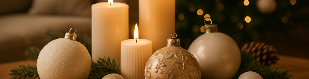Плотные новогодние украшения крупным планом, свечи и игрушки из качественных материалов в тёплом праздничном интерьере.