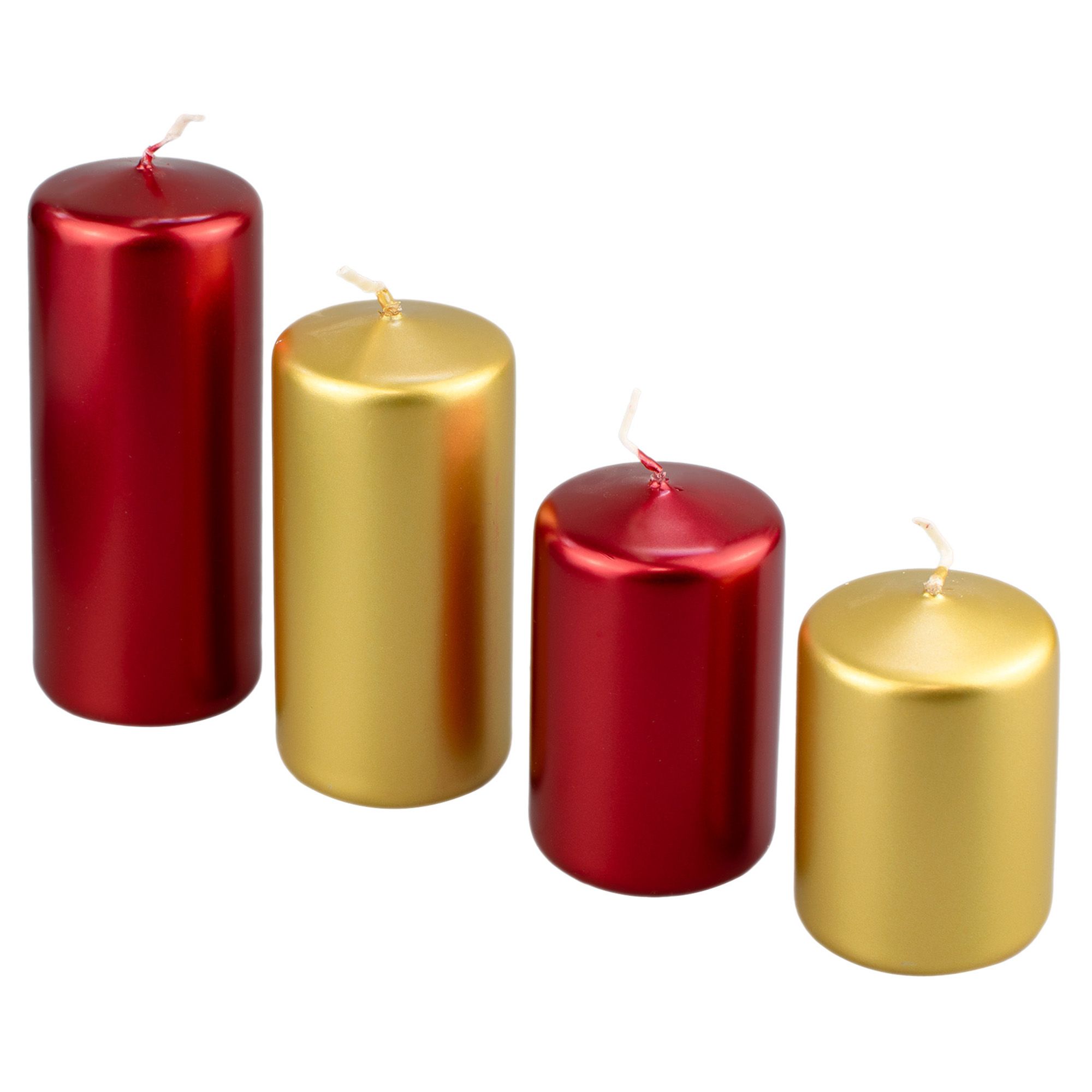 Набор свечей Adpal 4 шт 7/8/10/12х5 см красный и золотой металлик