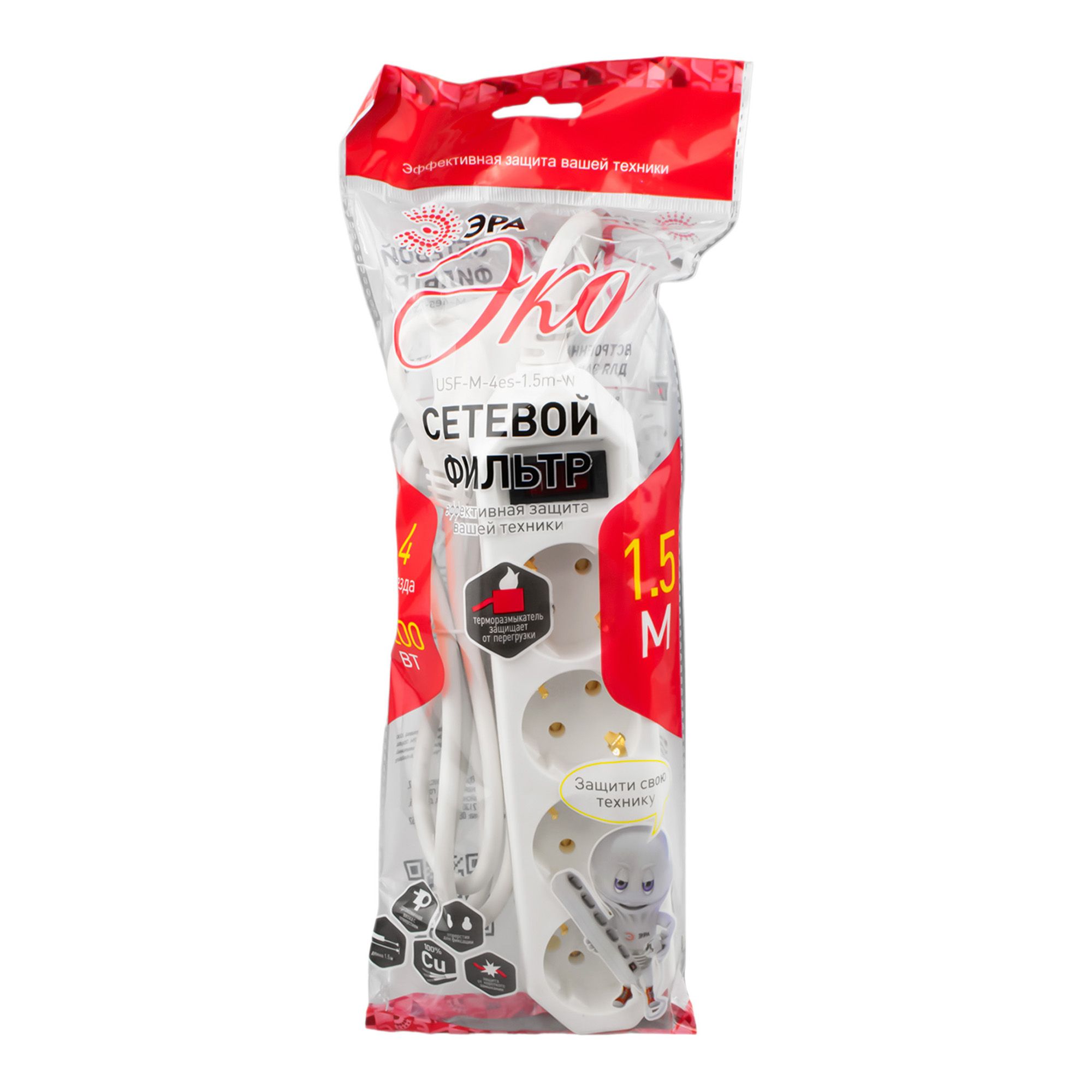 Фильтр сетевой  с заземл, 3x0,75мм2, с выкл, 4гн, 1.5м USF-M-4es-1.5m-W  ЭРА (белый)