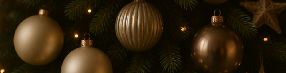 Крупный план новогодних шаров с матовыми и стеклянными текстурами в спокойных оттенках для стильного декора