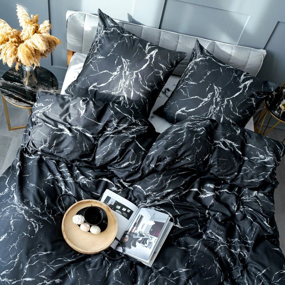 Белье постельное евро перкаль Павлина Мрамор 70х70 см-2 простыня на резинке