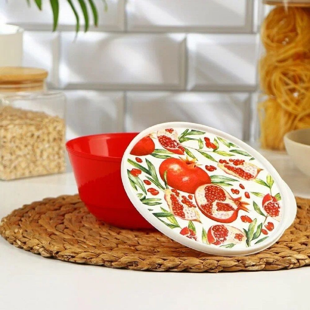 Миска круглая Bergamo 1 л с крышкой с декором красная