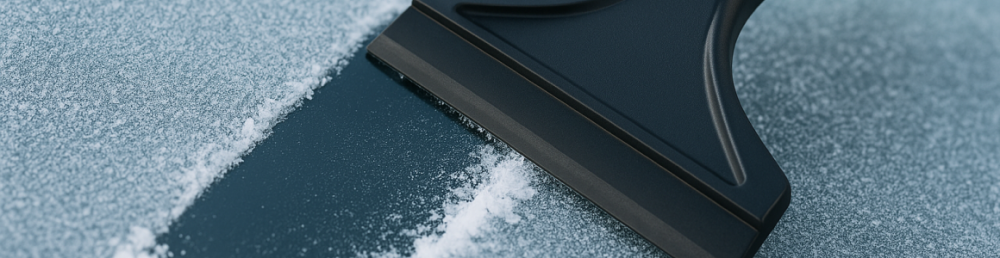 Скребок снимает плотный лёд ровной полосой с автомобильного стекла