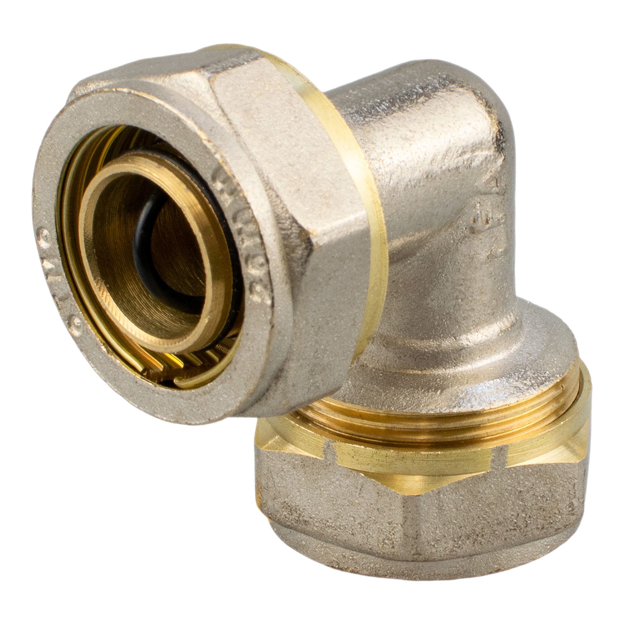 Угольник обжимной латунь никель 26 мм