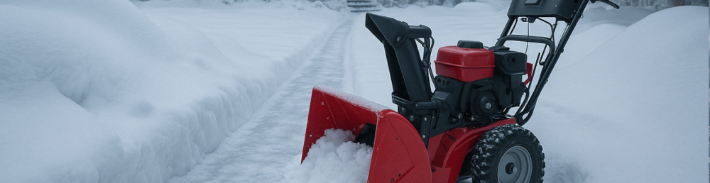 Снегоуборочная машина очищает двор частного дома после сильного снегопада, ровная дорожка среди сугробов
