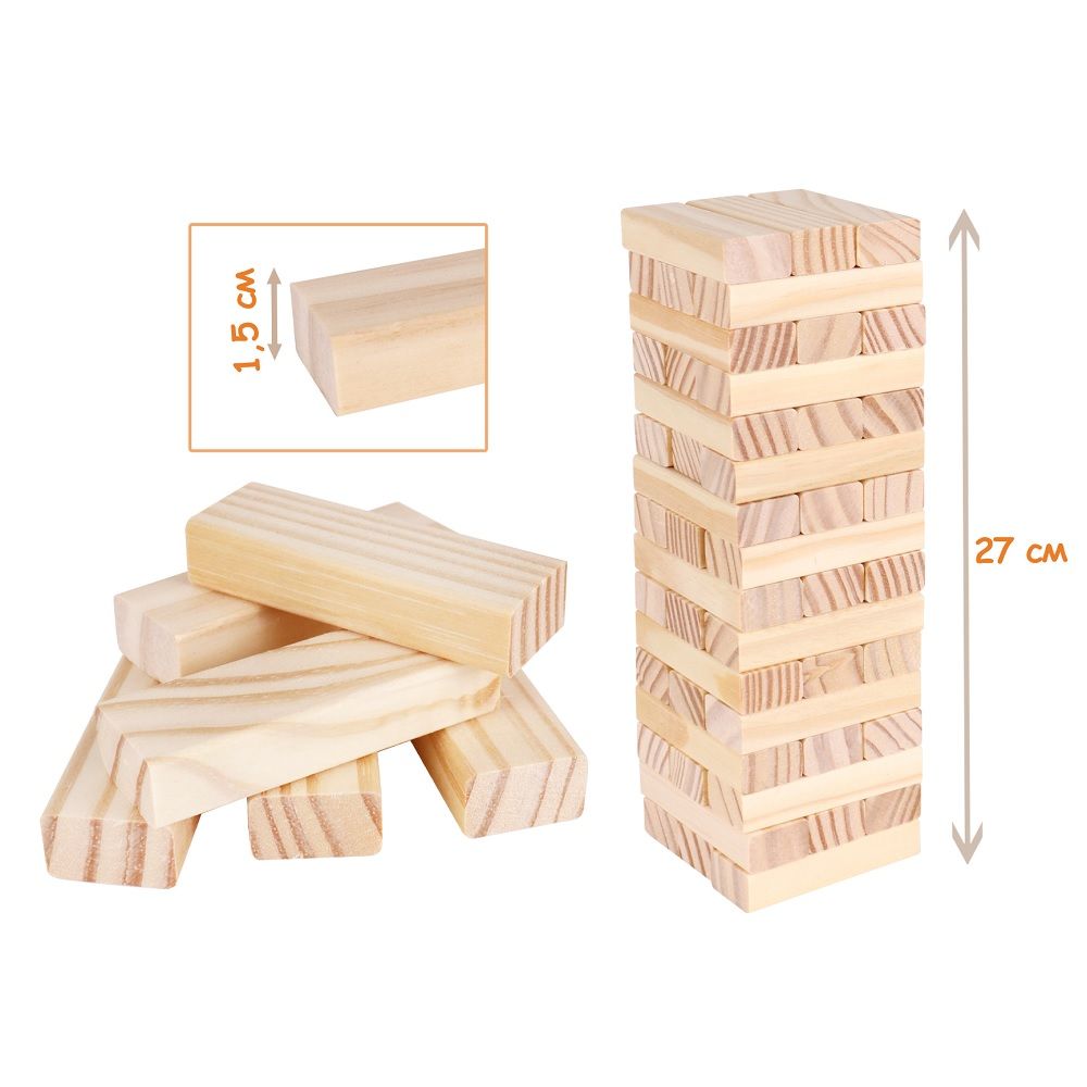 Игра деревянная Башня. Высотка классическая Maxi 27 см 54 элемента в коробке