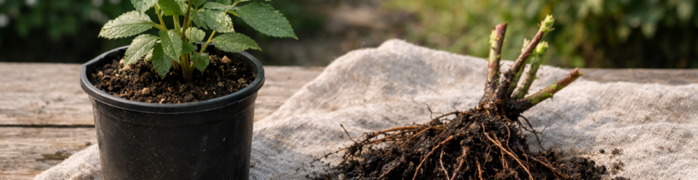 Саженец в горшке и саженец с открытой корневой системой рядом, выбор для посадки