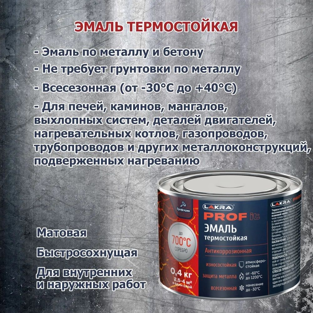 Эмаль термостойкая антикоррозионная Лакра Prof It до 700°С серебристая  0,4 кг