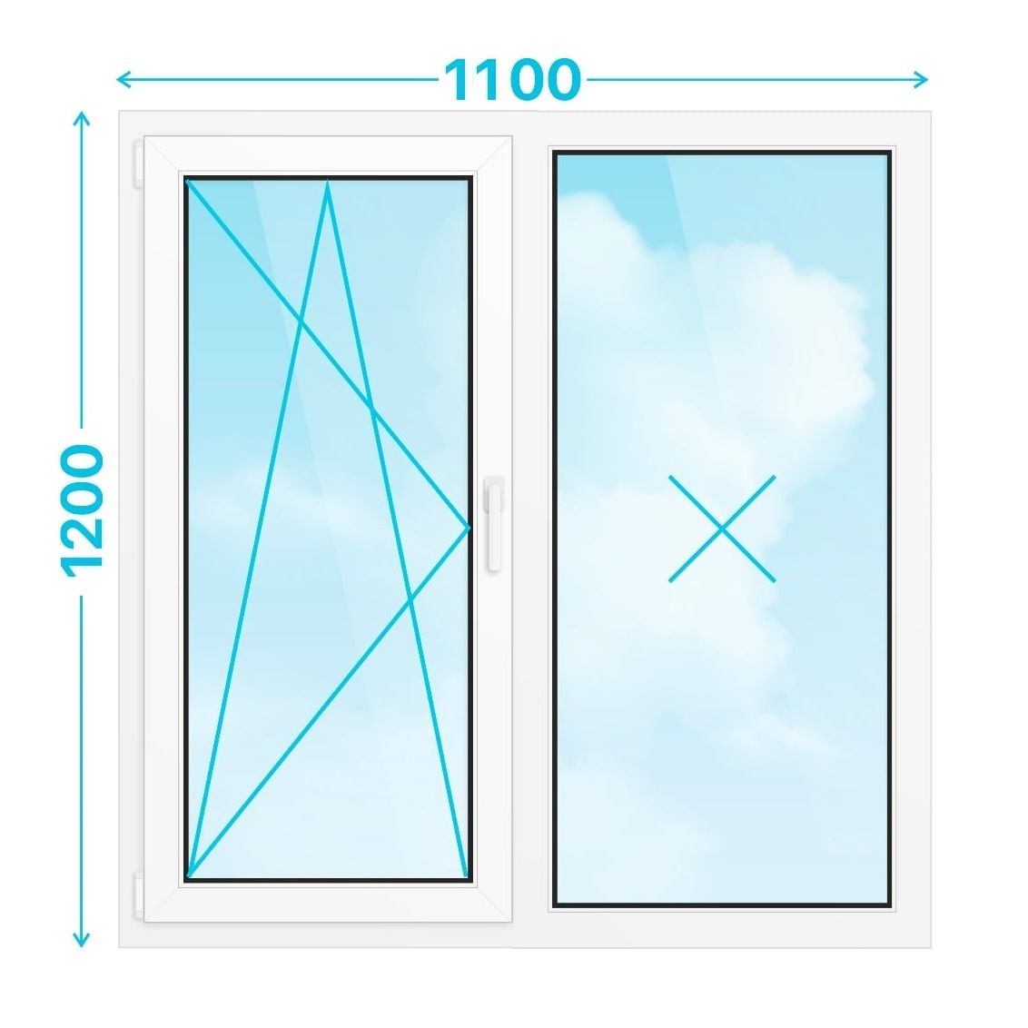 Окно ПВХ 1200х1100 двухстворчатое поворотно-откидное левое Ст-т 24 мм профиль Novoline 58 мм