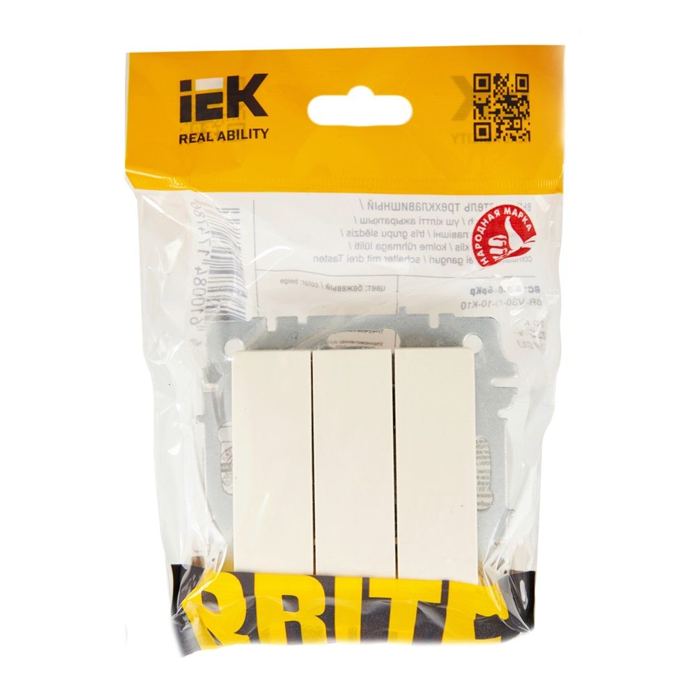 Выключатель 3-кл СП Brite ВС10-3-0-БрКр 10А IEK BR-V30-0-10-K10 бежевый