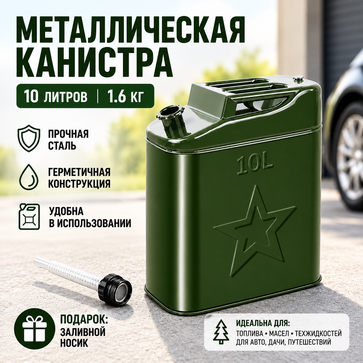 Канистра для топлива 10 л металлическая, зеленая