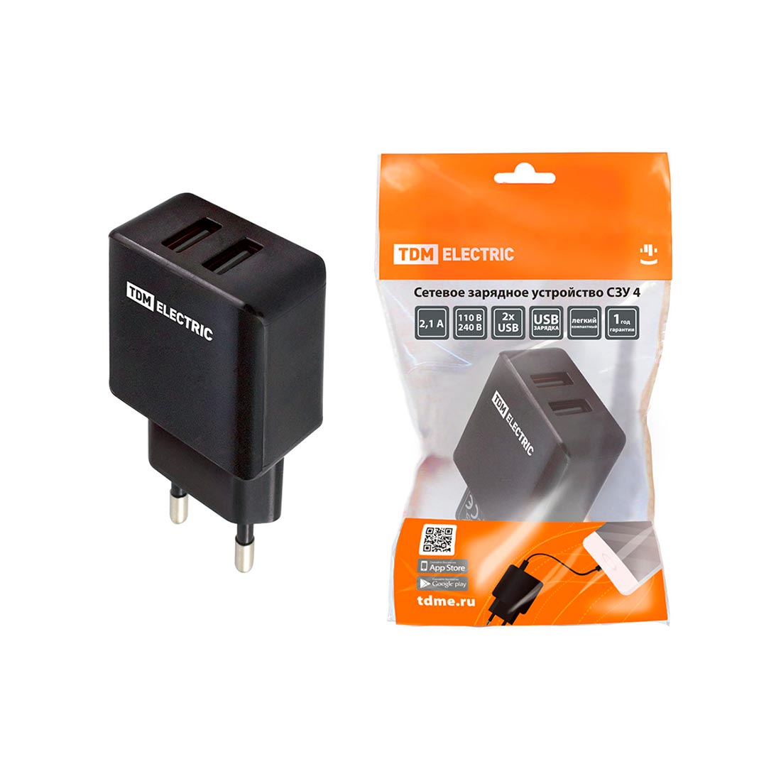 Блок питания TDM СЗУ4 2,1А 2 USB черный