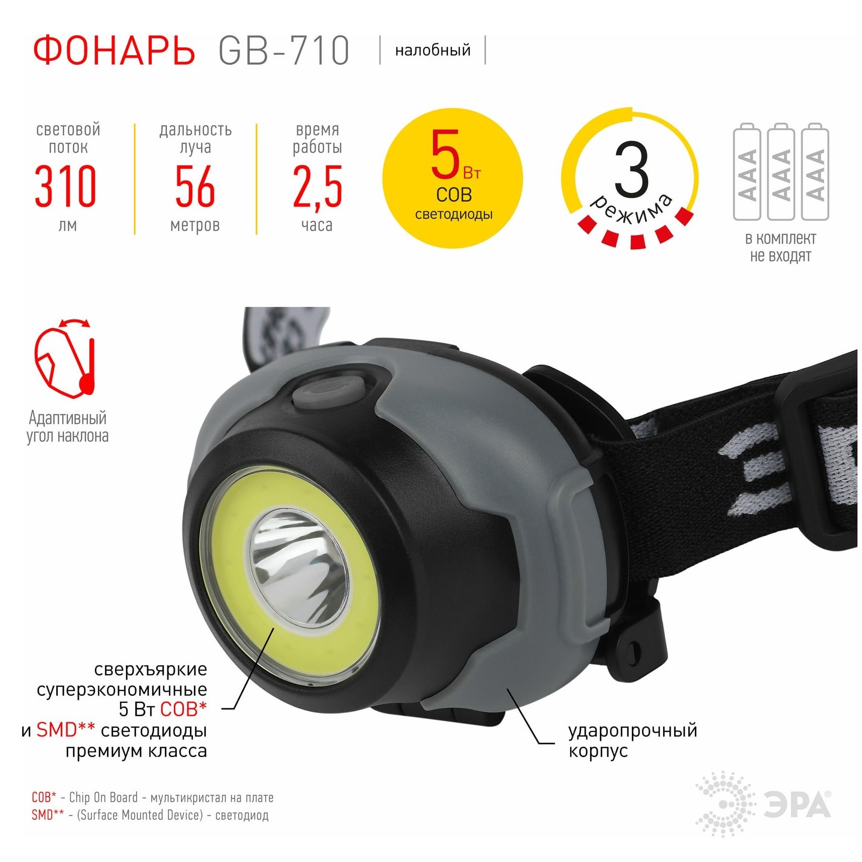 Фонарь налобный LED Эра Криптон GB-710 310 Лм 3хААА IP40 3 режима