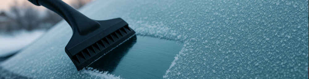 Скребок снимает плотную наледь с лобового стекла в мороз, крупный план с деталями льда