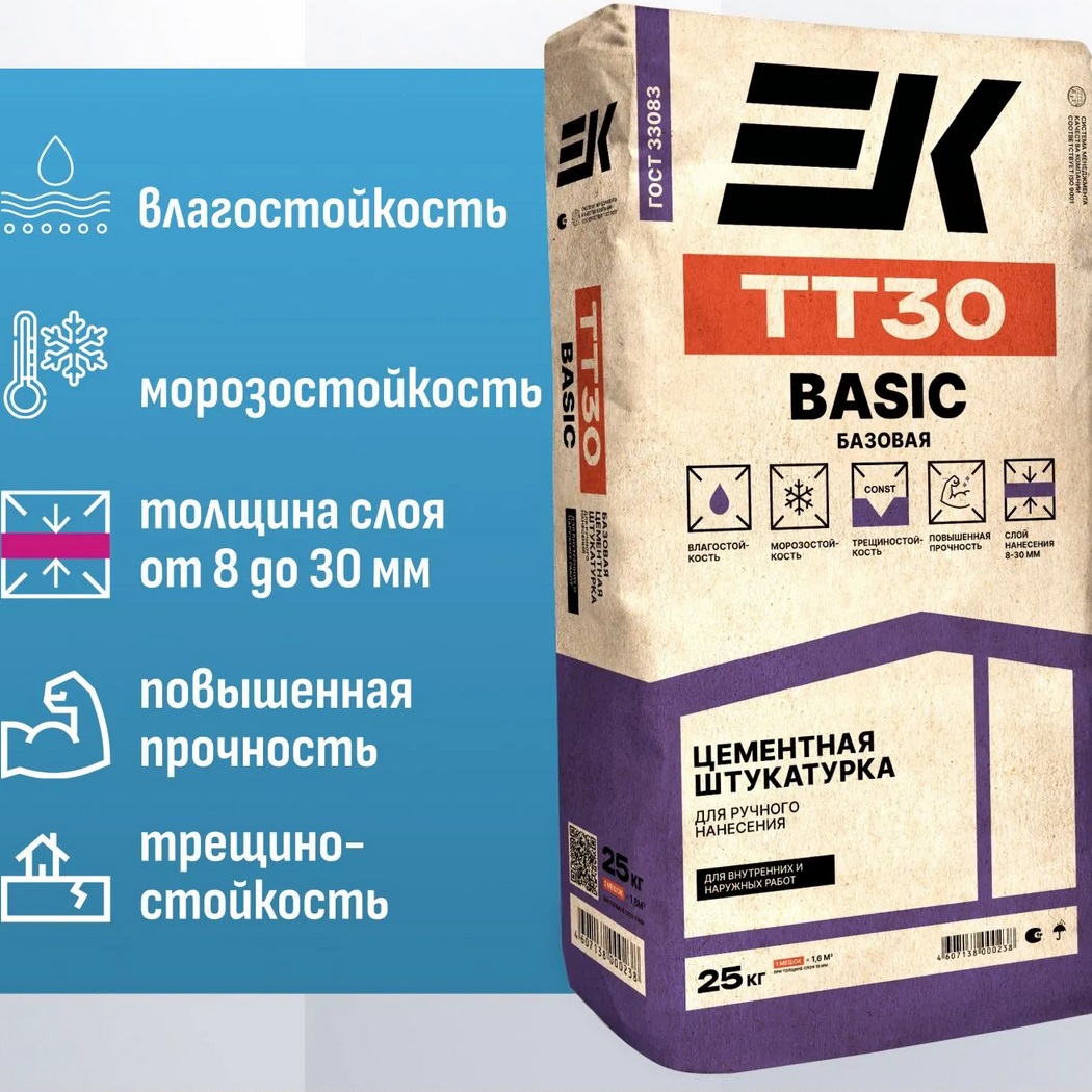 Штукатурка цементная ручного нанесения ЕК TТ30 25 кг
