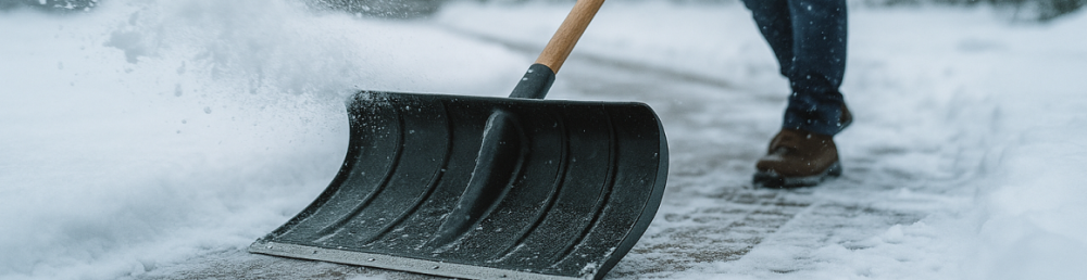 Лопата-скребок отбрасывает мокрый снег в сторону на дорожке у частного дома в снегопад